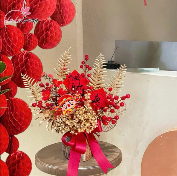 Bình hoa tú cầu kèm đào đông phúc lộc sum vầy