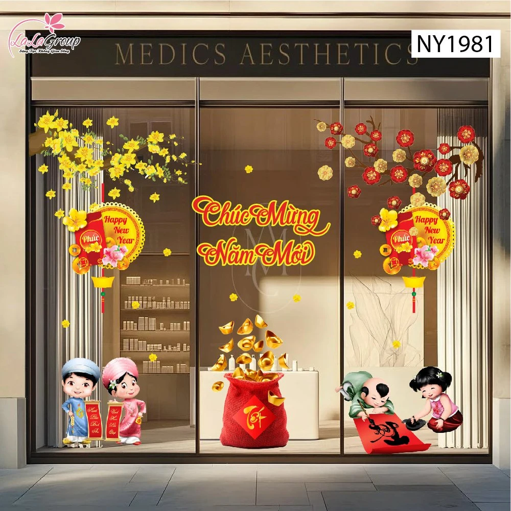 Combo Decal Trang Trí Tết Bé Viết Thư Pháp Chúc Xuân Hạnh Phúc Bình An