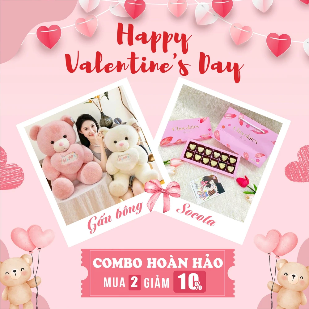 Set quà tặng gấu bông ôm tim size lớn và socola ngọt ngào