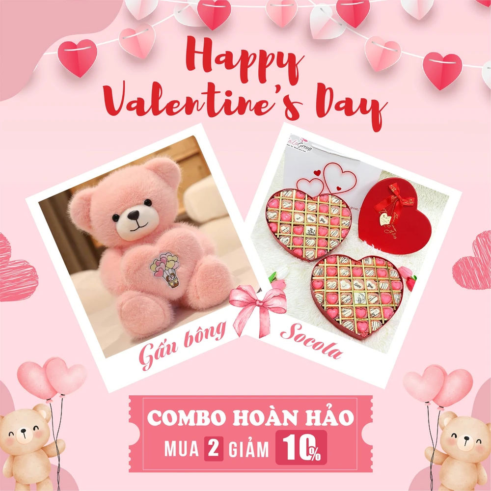 Set quà tặng gấu bông ôm tim và socola ngọt ngào