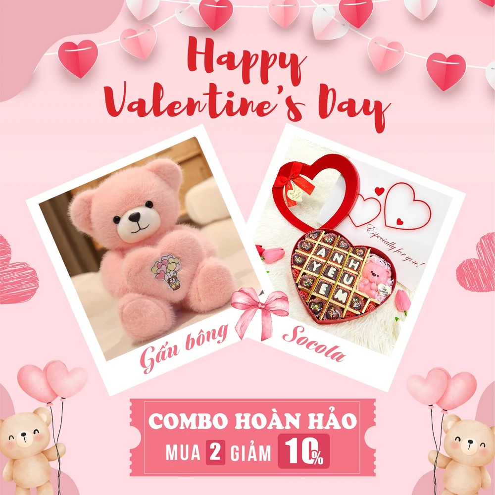 Set quà tặng gấu bông ôm tim và socola ngọt ngào