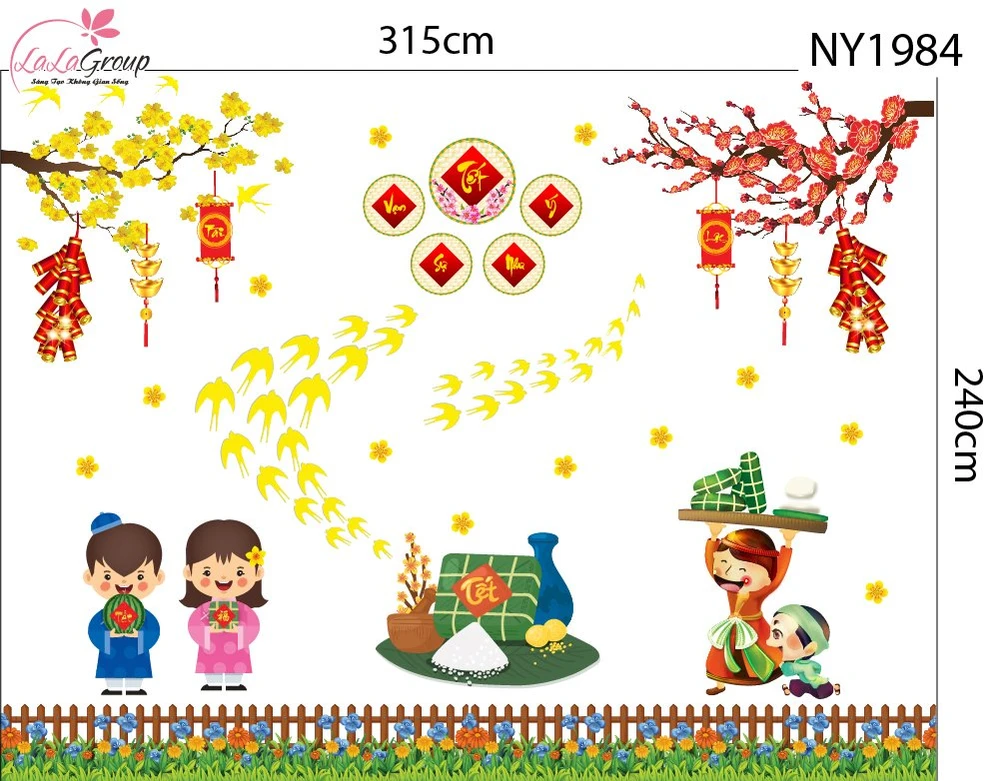Combo decal trang trí tết bé chúc tết vạn sự như ý