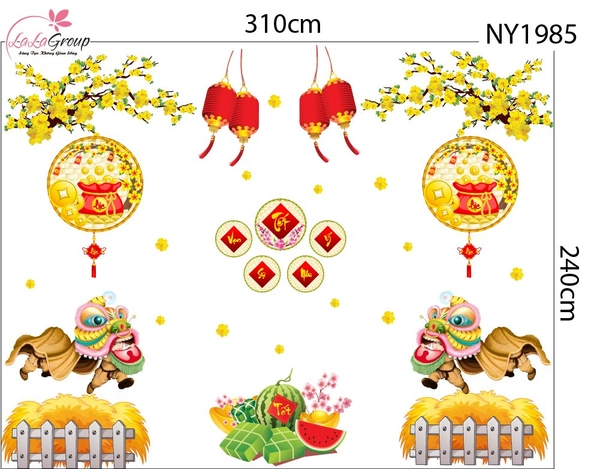 Combo decal trang trí tết múa lân đón tết tài lộc