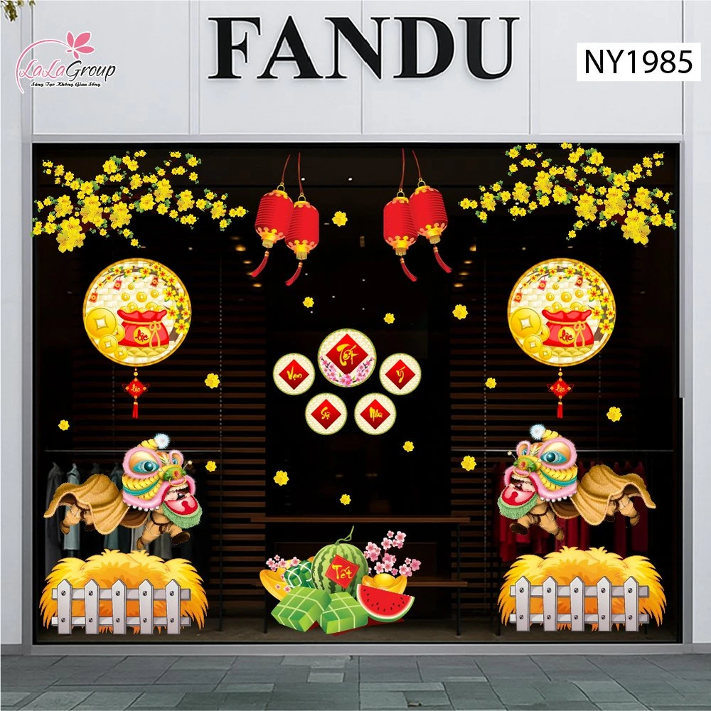 Combo decal trang trí tết múa lân đón tết tài lộc