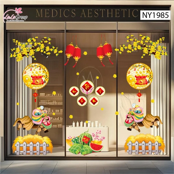 Combo decal trang trí tết múa lân đón tết tài lộc