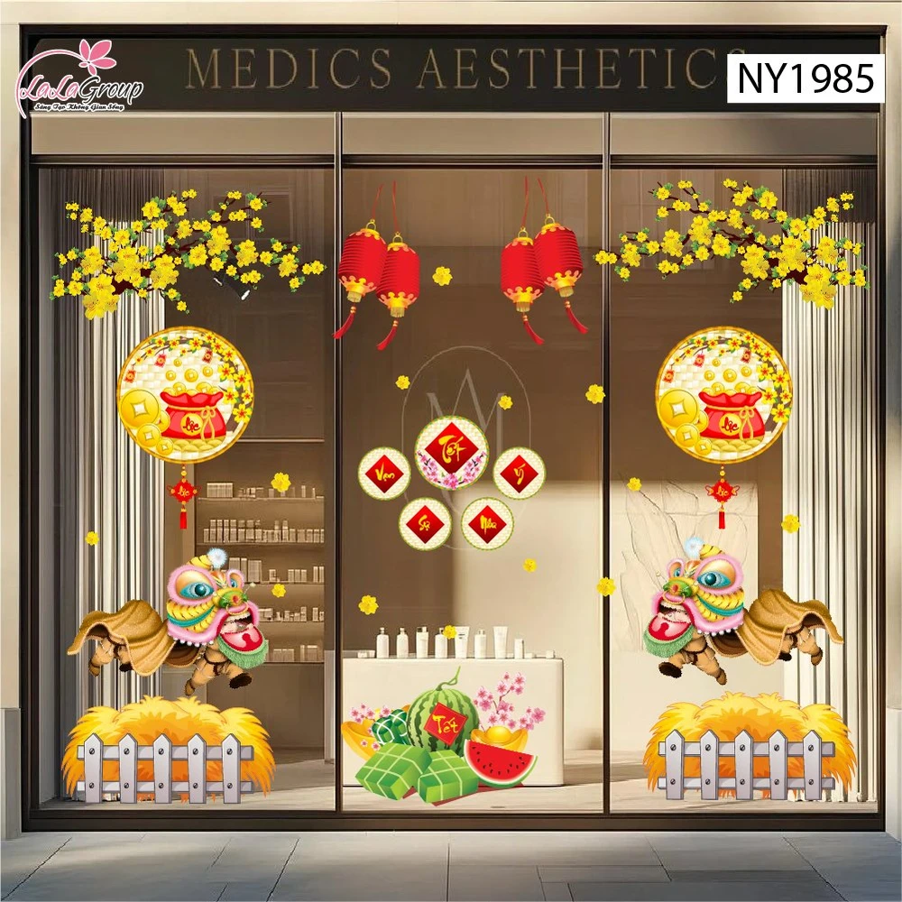 Combo decal trang trí tết múa lân đón tết tài lộc