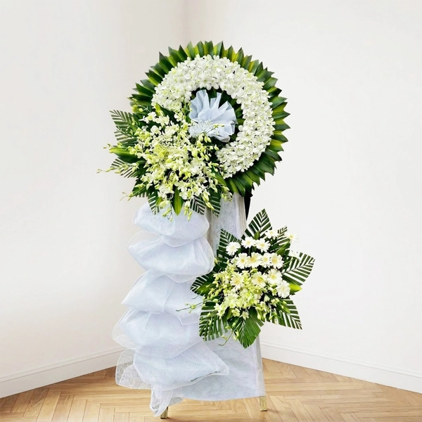 Kệ Hoa Chia Buồn Hoa Cúc Trắng Phối Hoa Bi Trắng Nhẹ Nhàng