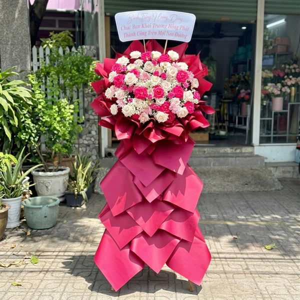 Kệ Hoa Khai Trương Mừng Đại Hội 2 Tầng Tone Đỏ Nổi Bật