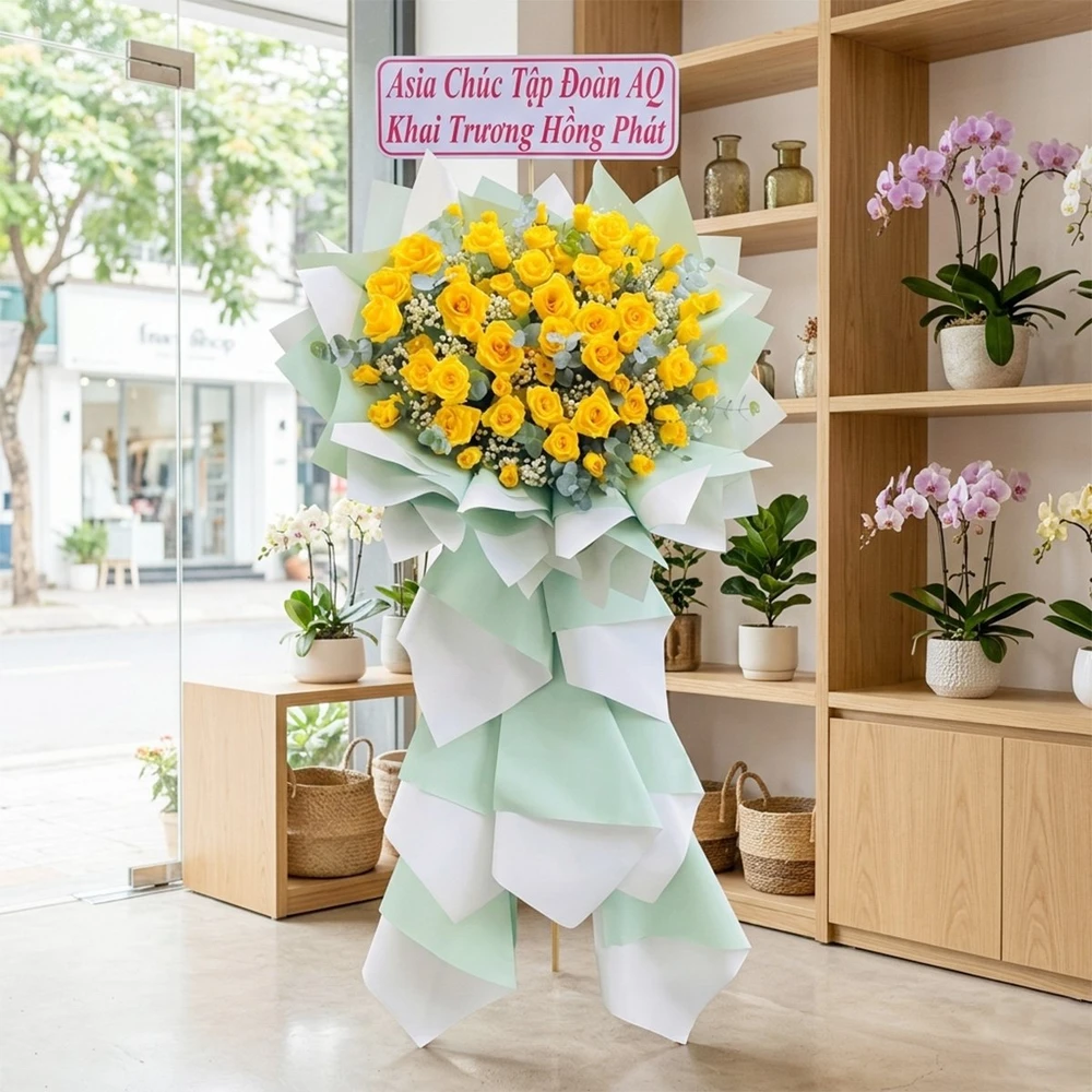 Kệ Hoa Khai Trương Hoa Vàng Mix Giấy Xanh Hiện Đại Tài Lộc An Khang