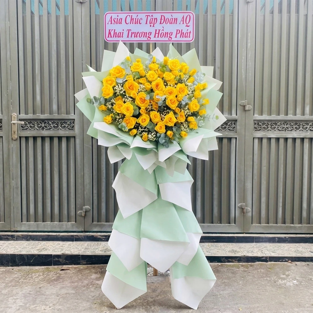 Kệ Hoa Khai Trương Hoa Vàng Mix Giấy Xanh Hiện Đại Tài Lộc An Khang
