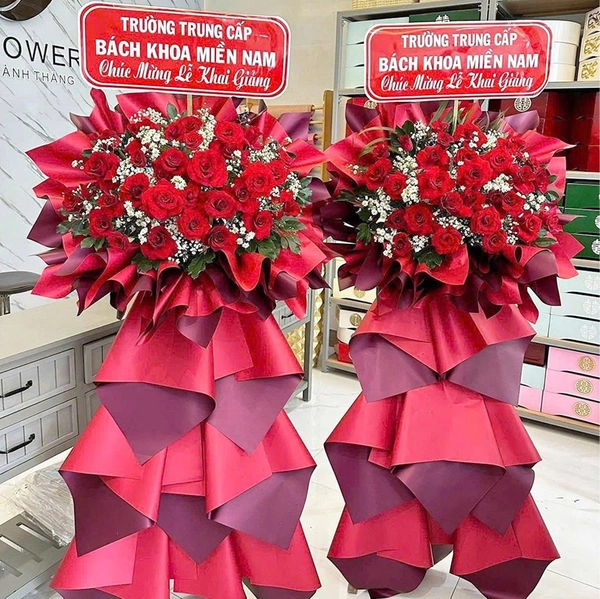 Kệ Hoa Khai Trương Mừng Đại Hội 2 Tầng Tone Đỏ Nổi Bật