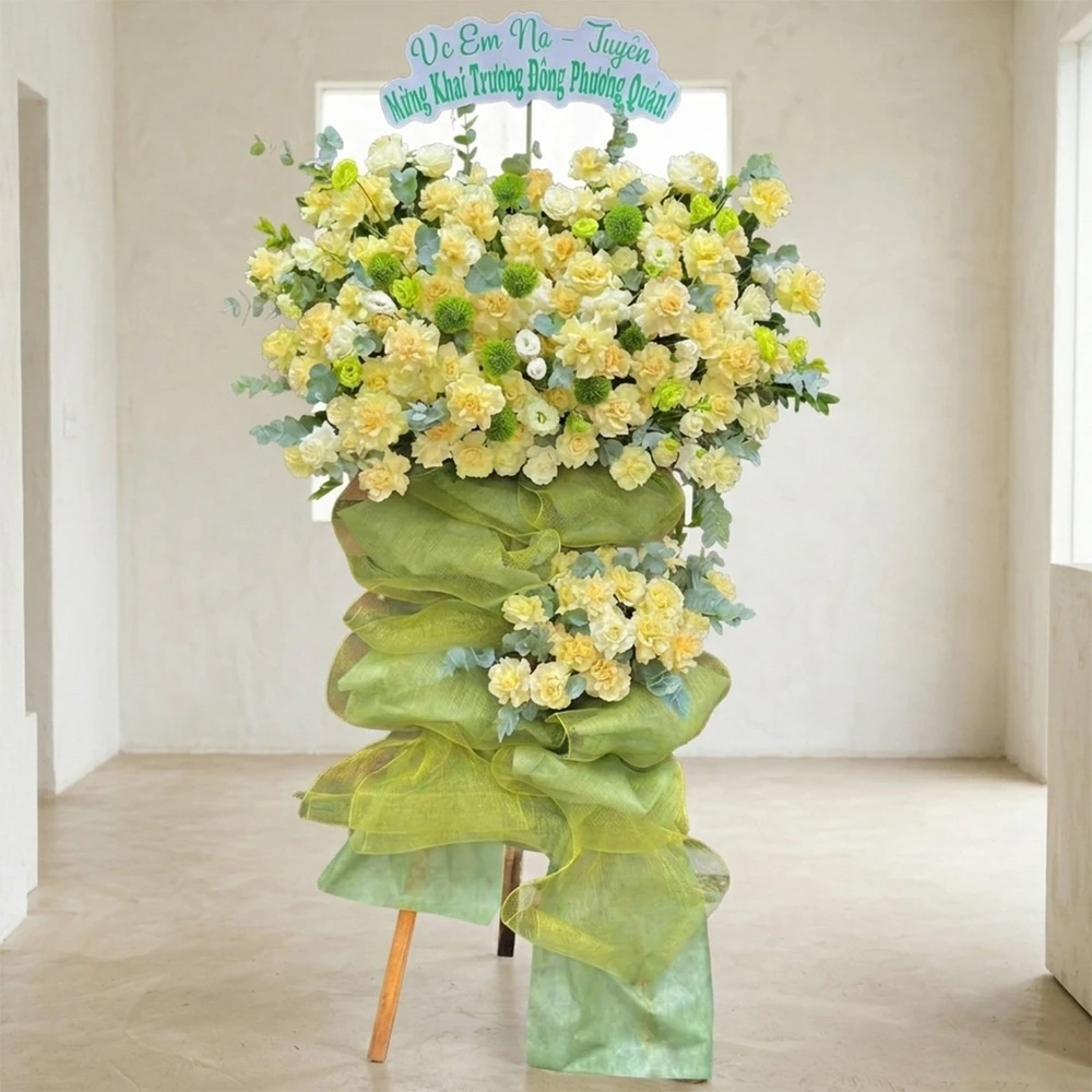 Kệ Hoa Mừng Khai Trương Hồng Phát Tone Xanh Lá 2 Tầng Thanh Lịch Và Tinh Tế