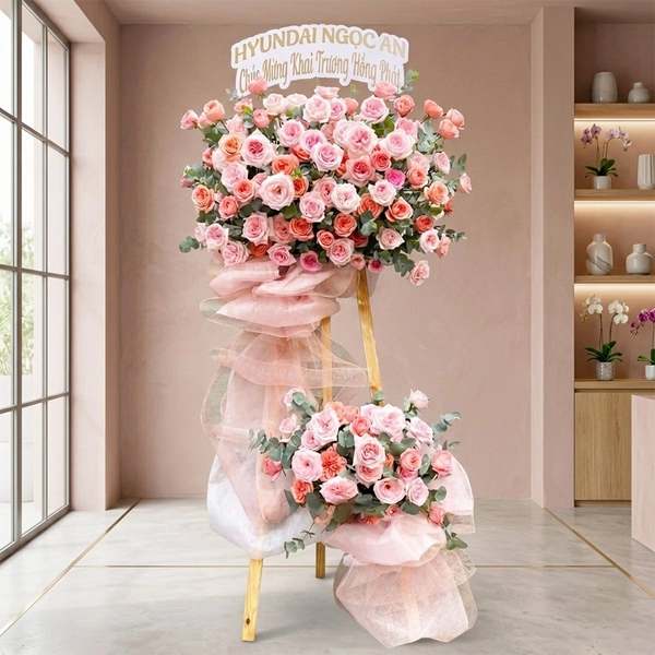 Kệ Hoa Mừng Khai Trương Hồng Phát Tone Hồng Ngọt Ngào 2 Tầng Hiện Đại