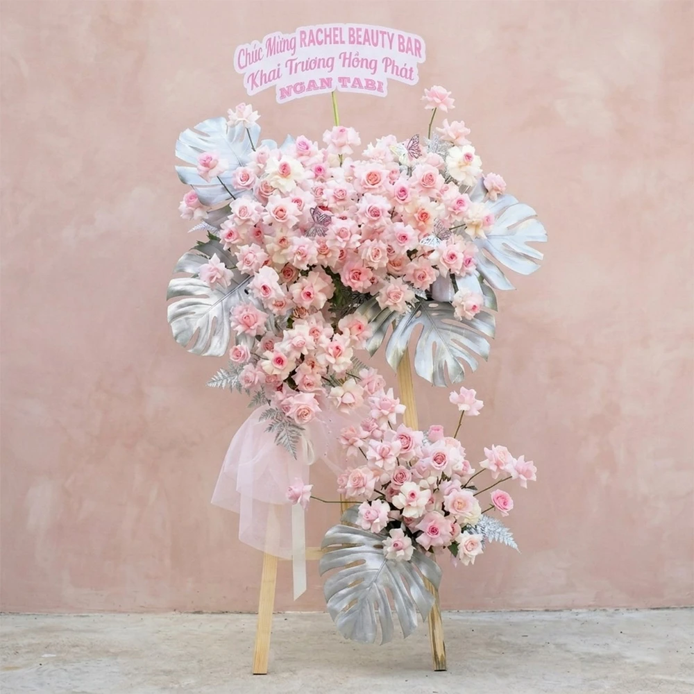 Kệ Hoa Mừng Khai Trương Sự Kiện Tone Hồng Nhẹ Nhàng 2 Tầng Thanh Lịch