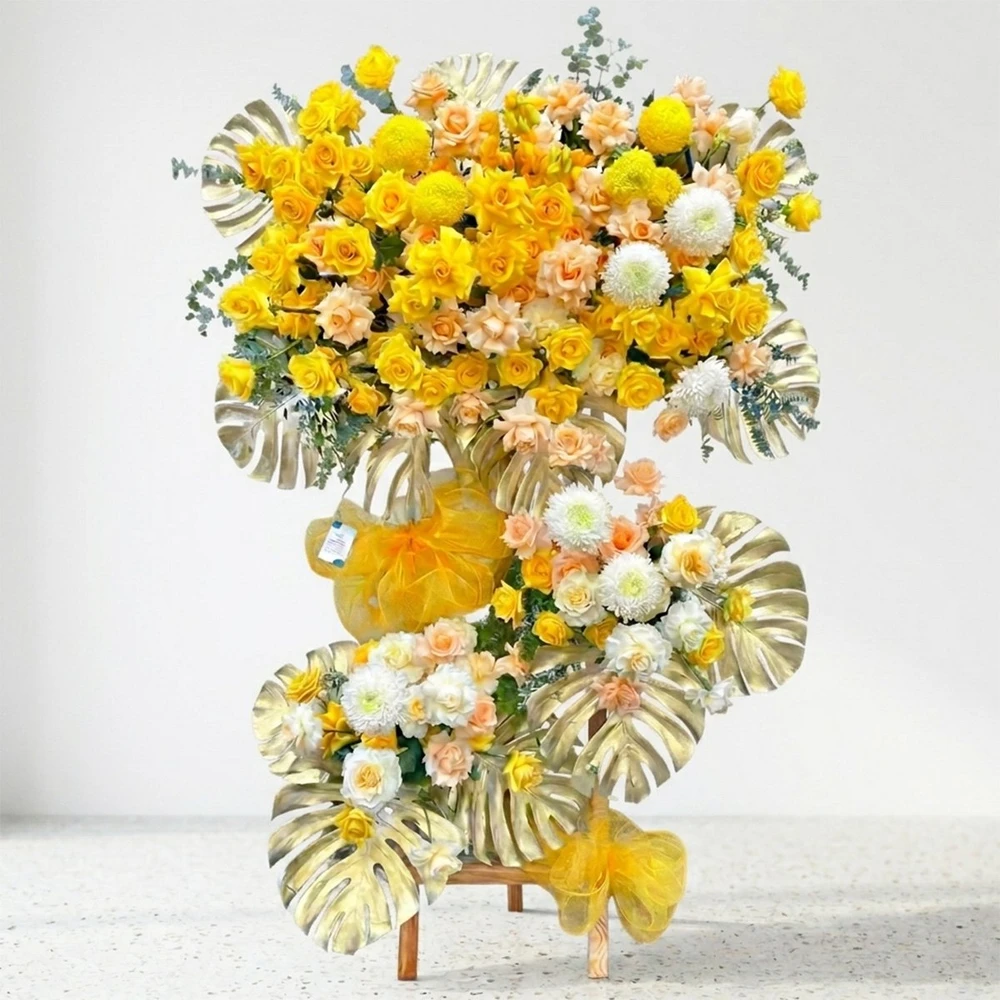 Kệ Hoa Mừng Khai Trương Sự Kiện Tone Vàng Kim Rực Rỡ Đại Cát Hưng Thịnh