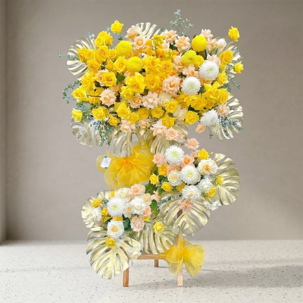 Kệ Hoa Mừng Khai Trương Sự Kiện Tone Vàng Kim Rực Rỡ Đại Cát Hưng Thịnh