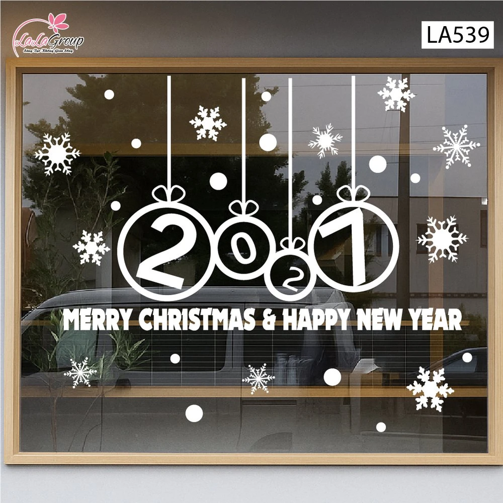 Decal trang trí Noel Merry christmas & Happy new year 2027 chữ trắng