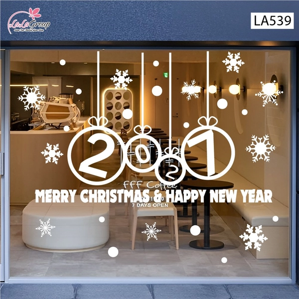 Decal trang trí Noel Merry christmas & Happy new year 2027 chữ trắng