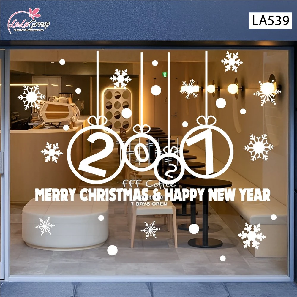 Decal trang trí Noel Merry christmas & Happy new year 2027 chữ trắng