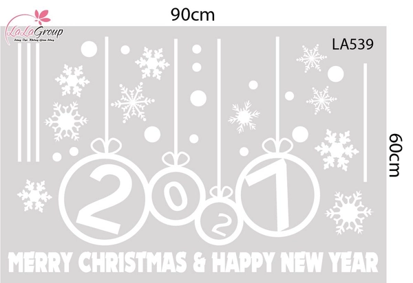 Decal trang trí Noel Merry christmas & Happy new year 2027 chữ trắng