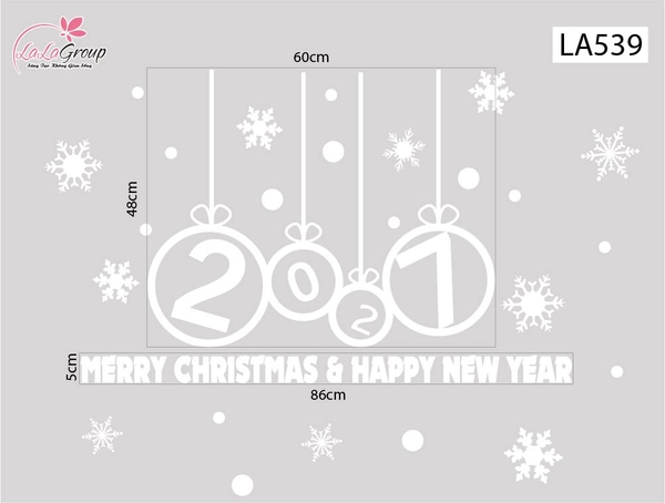 Decal trang trí Noel Merry christmas & Happy new year 2027 chữ trắng