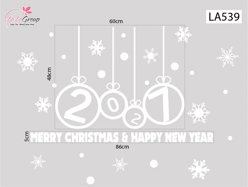 Decal trang trí Noel Merry christmas & Happy new year 2027 chữ trắng