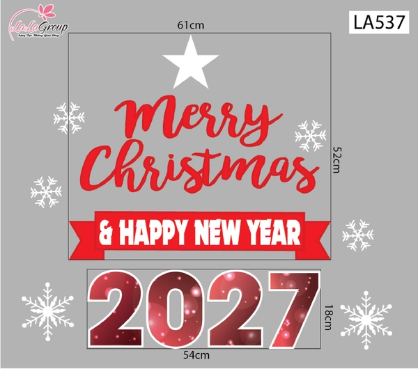 Decal trang trí Noel Merry christmas & Happy new year 2027 chữ đỏ