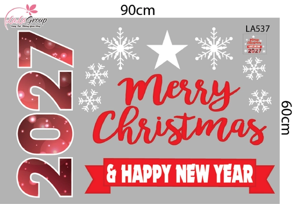 Decal trang trí Noel Merry christmas & Happy new year 2027 chữ đỏ