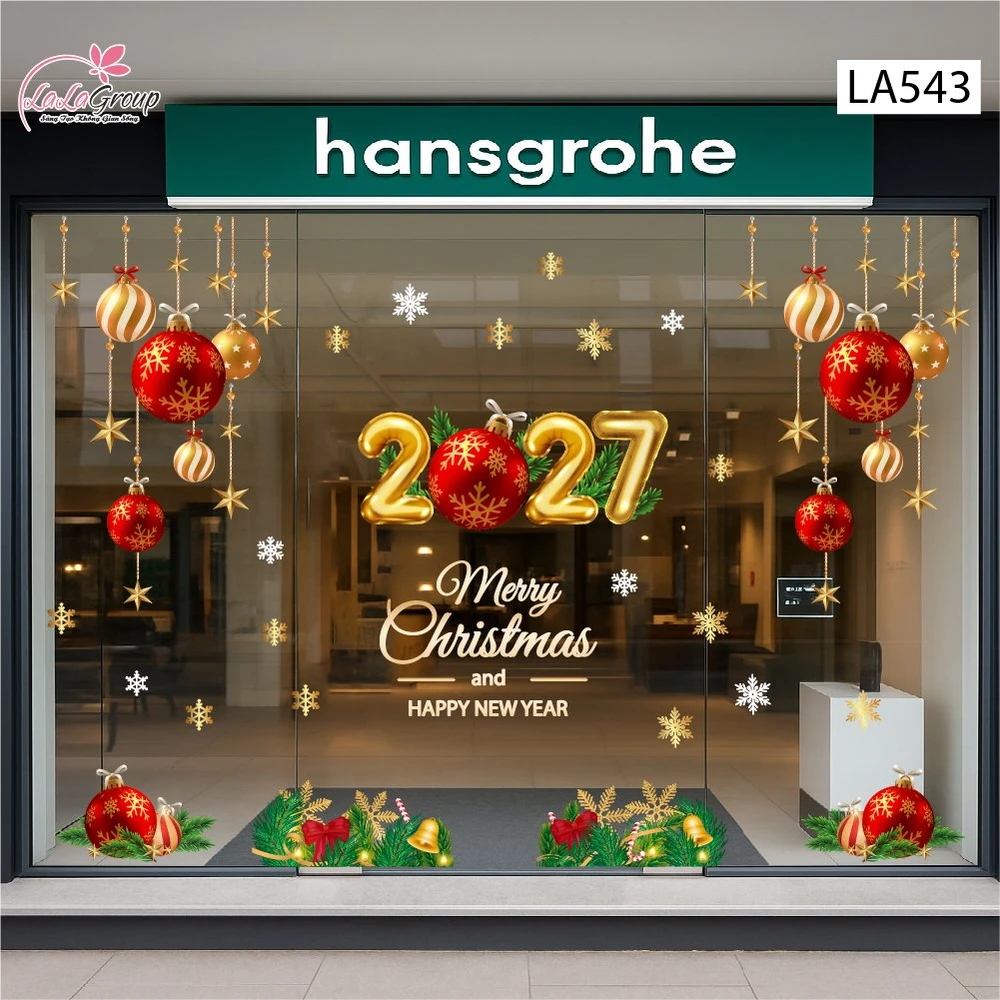 Combo Decal Trang Trí Noel Merry Christmas And Happy New Year 2027 và quả cầu may mắn