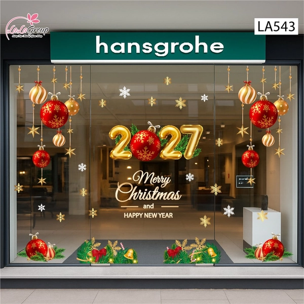 Combo Decal Trang Trí Noel Merry Christmas And Happy New Year 2027 và quả cầu may mắn