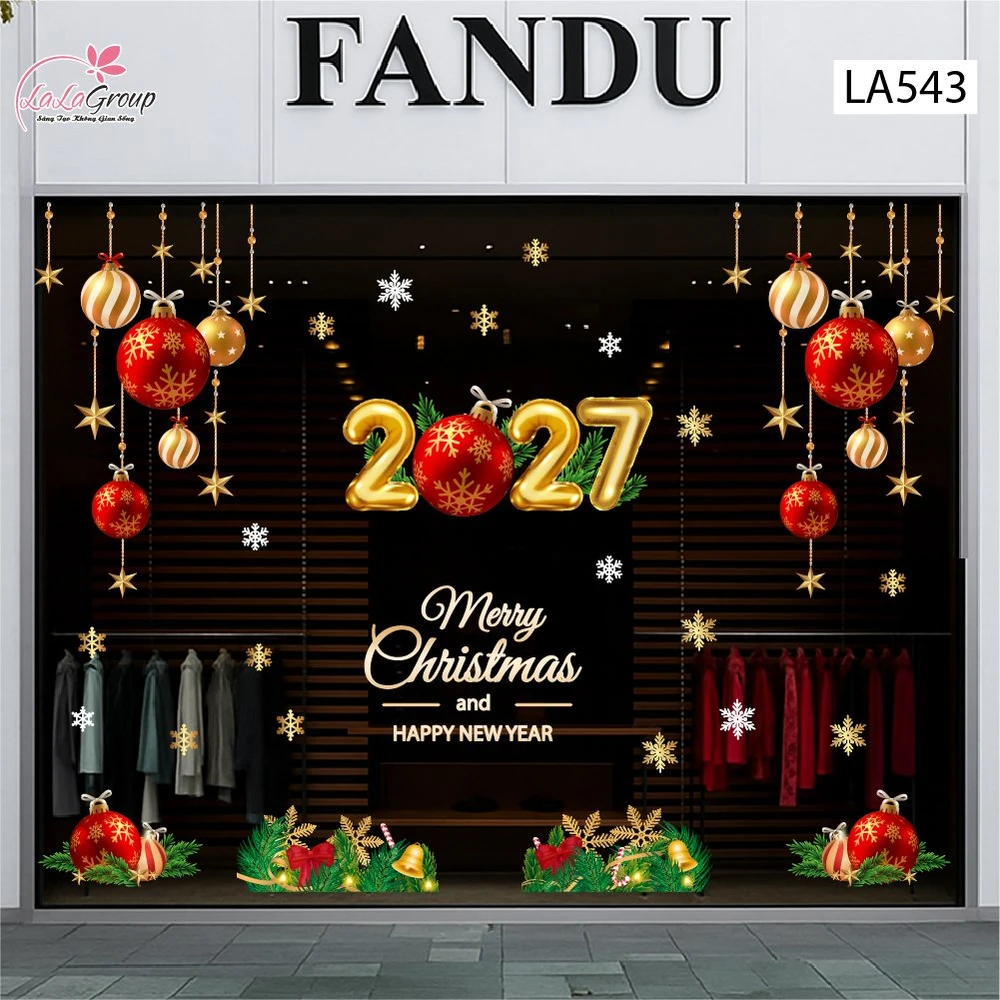 Combo Decal Trang Trí Noel Merry Christmas And Happy New Year 2027 và quả cầu may mắn