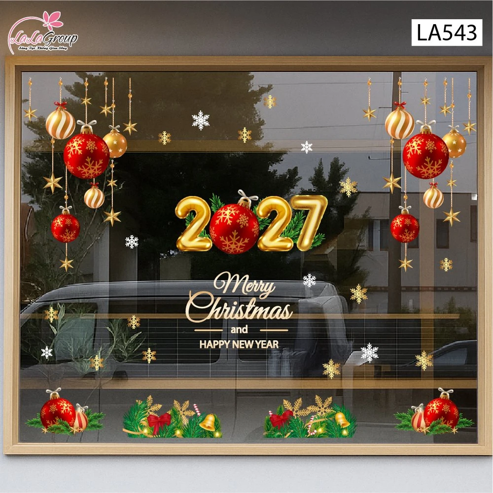 Combo Decal Trang Trí Noel Merry Christmas And Happy New Year 2027 và quả cầu may mắn