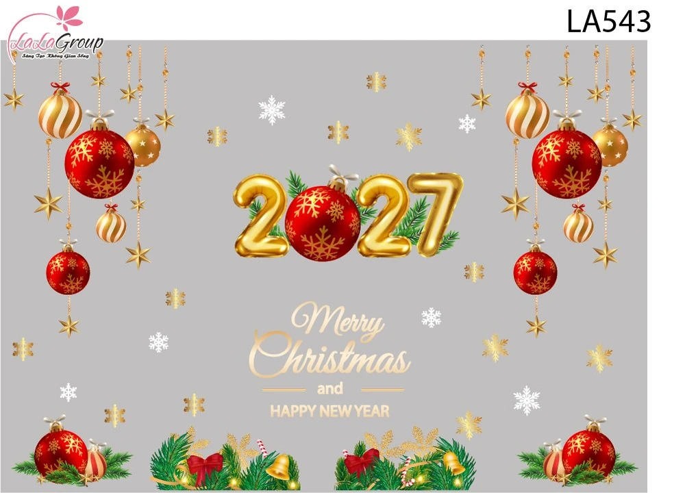 Combo Decal Trang Trí Noel Merry Christmas And Happy New Year 2027 và quả cầu may mắn
