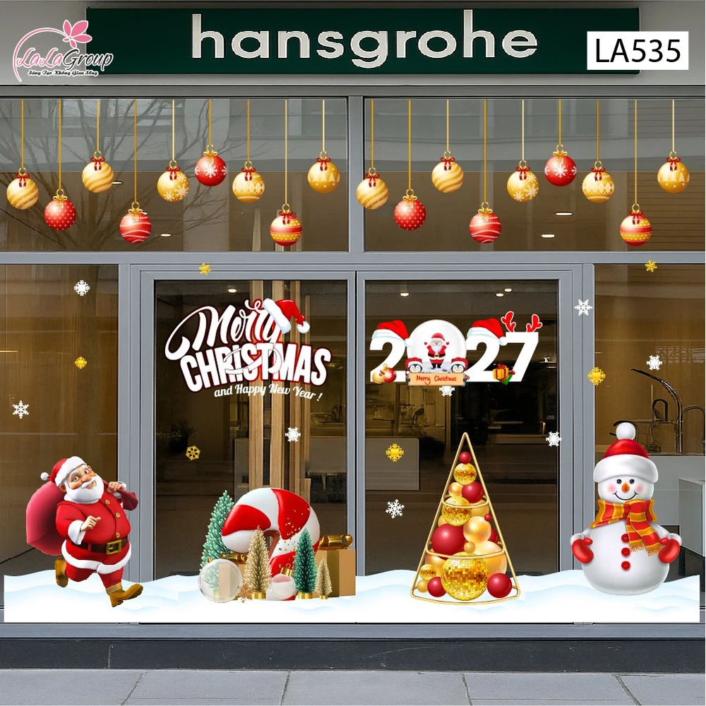 Combo Decal Trang Trí Noel Ông Già Noel vui Vẻ Và Người Tuyết Quàng Khăn Đỏ