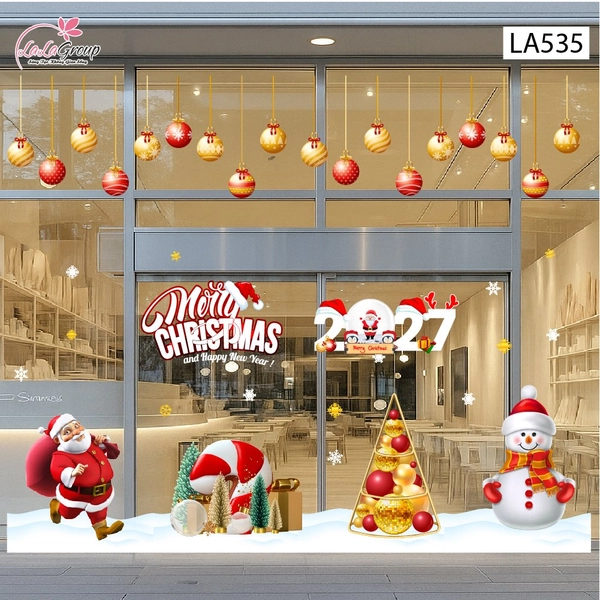 Combo Decal Trang Trí Noel Ông Già Noel vui Vẻ Và Người Tuyết Quàng Khăn Đỏ