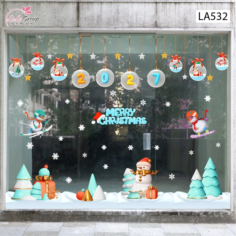 Combo Decal Trang Trí Noel Dây Treo Quả Cầu Thủy Tinh Và Cây Thông Xanh Mint