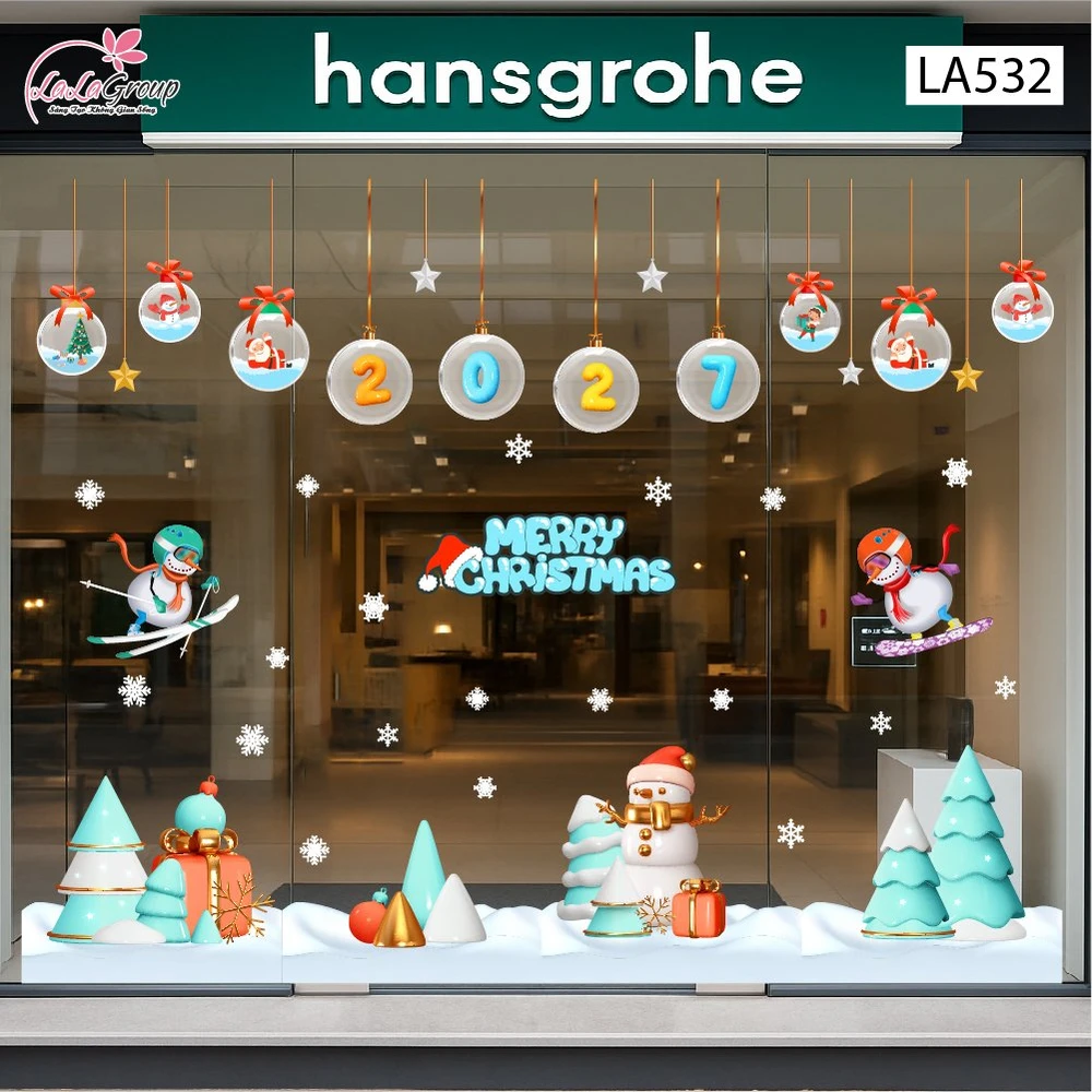 Combo Decal Trang Trí Noel Dây Treo Quả Cầu Thủy Tinh Và Cây Thông Xanh Mint