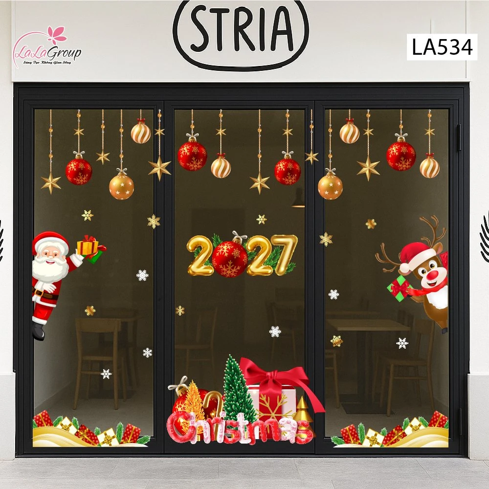 Combo Decal Trang Trí Noel Merry Christmas Ông Già Noel Và Chú Tuần Lộc Phát Quà