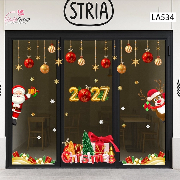 Combo Decal Trang Trí Noel Merry Christmas Ông Già Noel Và Chú Tuần Lộc Phát Quà