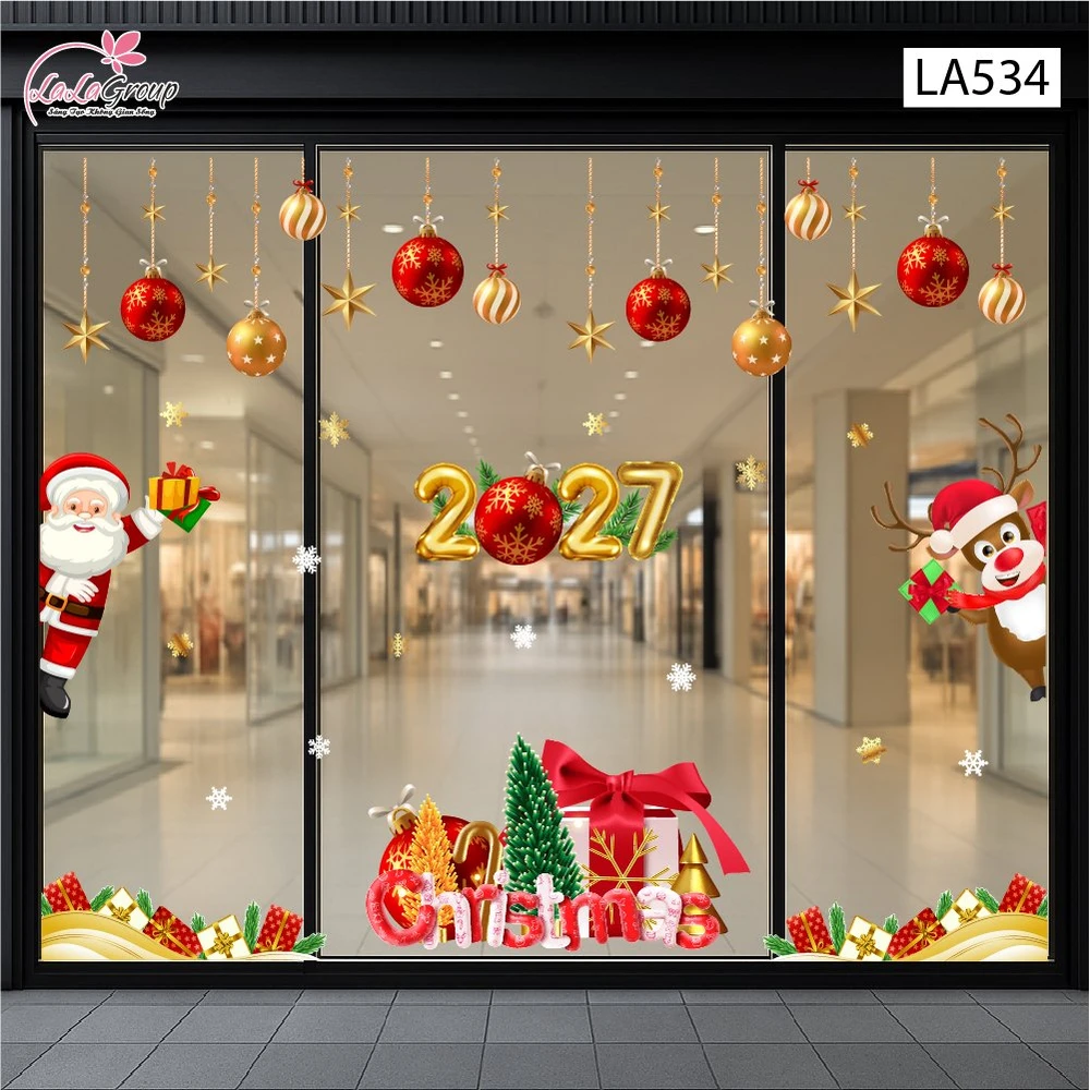 Combo Decal Trang Trí Noel Merry Christmas Ông Già Noel Và Chú Tuần Lộc Phát Quà