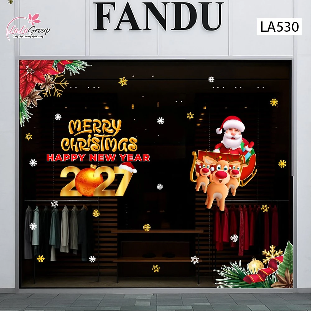 Combo Decal Trang Trí Noel Merry Christmas Ông Già Noel Cưỡi Tuần Lộc Đón Giáng Sinh