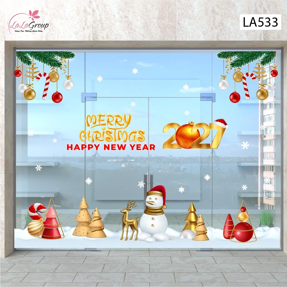 Combo Decal Trang Trí Noel Merry Christmas Người Tuyết Và Tuần Lộc Vàng