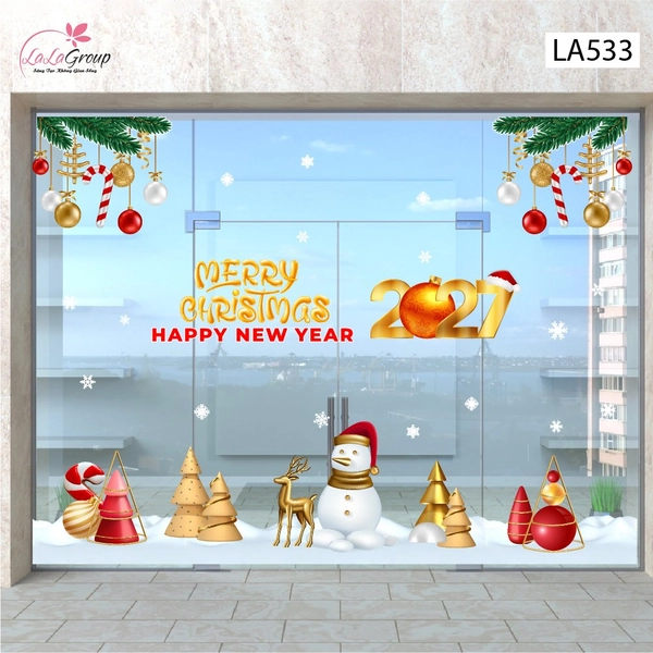 Combo Decal Trang Trí Noel Merry Christmas Người Tuyết Và Tuần Lộc Vàng