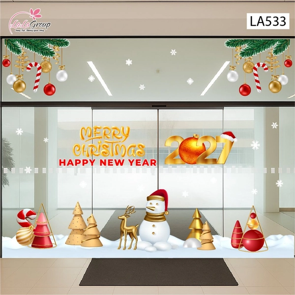 Combo Decal Trang Trí Noel Merry Christmas Người Tuyết Và Tuần Lộc Vàng