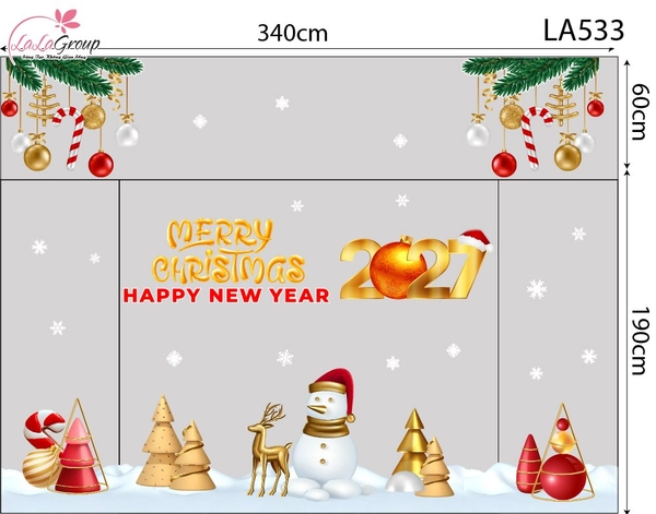 Combo Decal Trang Trí Noel Merry Christmas Người Tuyết Và Tuần Lộc Vàng