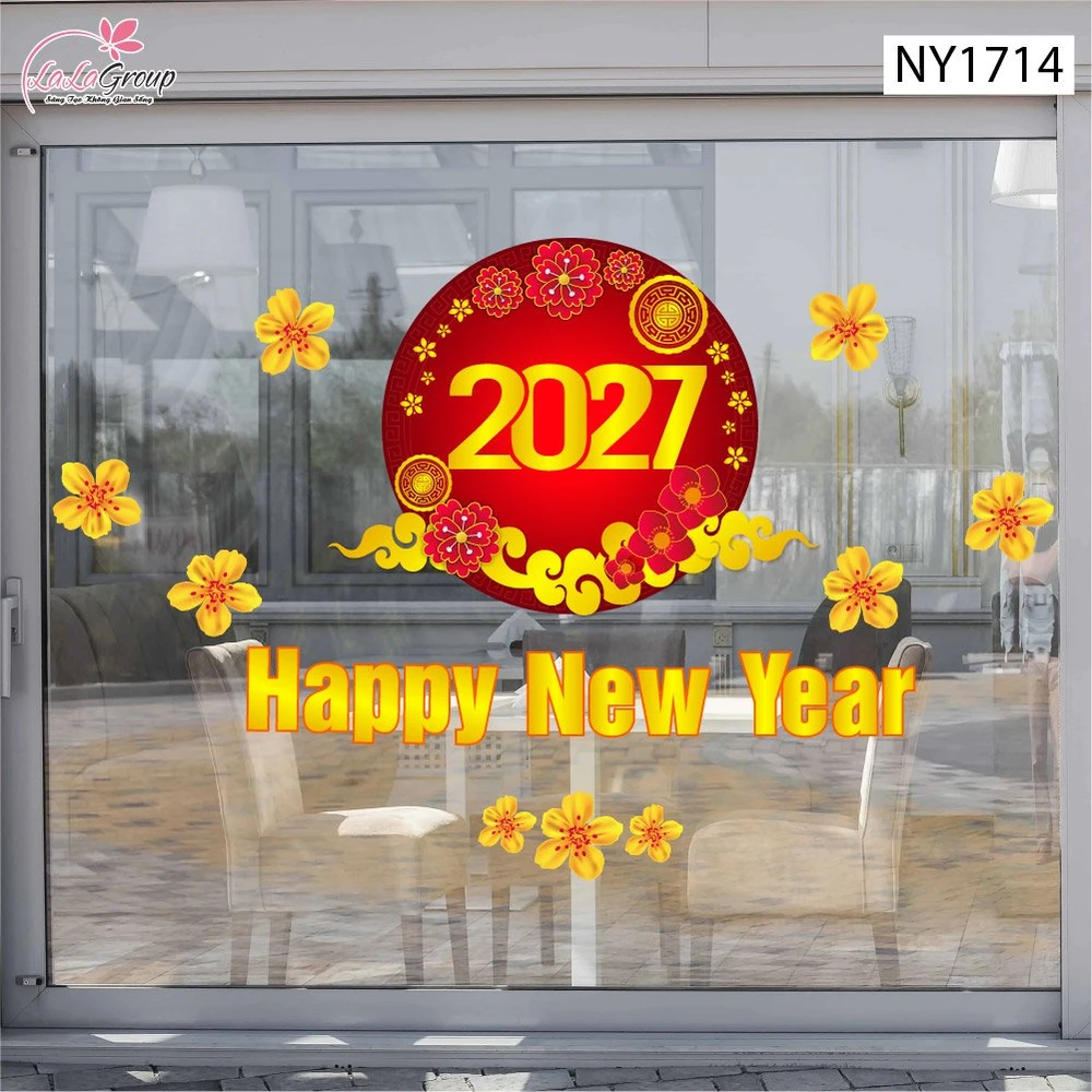 Decal Trang Trí Tết Happy New Year 2027 Và Mai Vàng