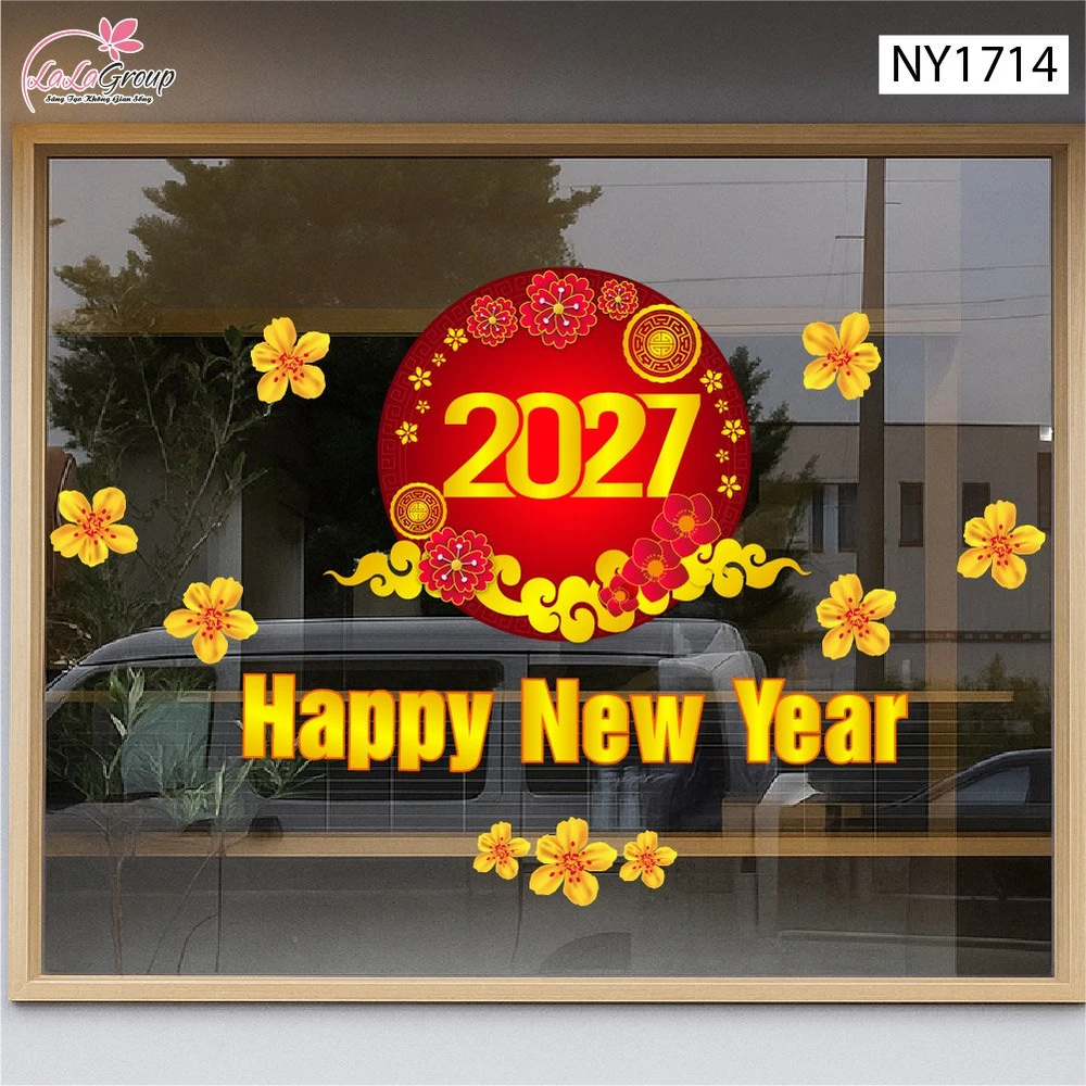 Decal Trang Trí Tết Happy New Year 2027 Và Mai Vàng