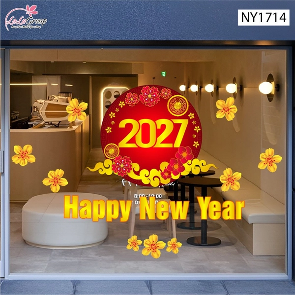 Decal Trang Trí Tết Happy New Year 2027 Và Mai Vàng