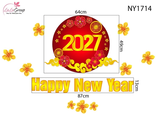 Decal Trang Trí Tết Happy New Year 2027 Và Mai Vàng