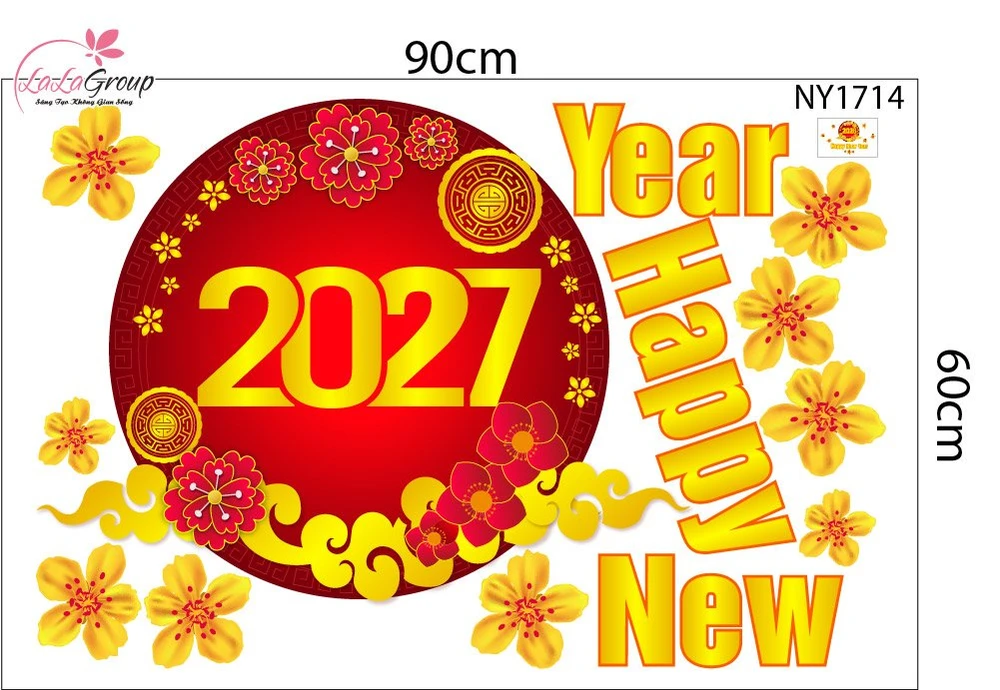 Decal Trang Trí Tết Happy New Year 2027 Và Mai Vàng